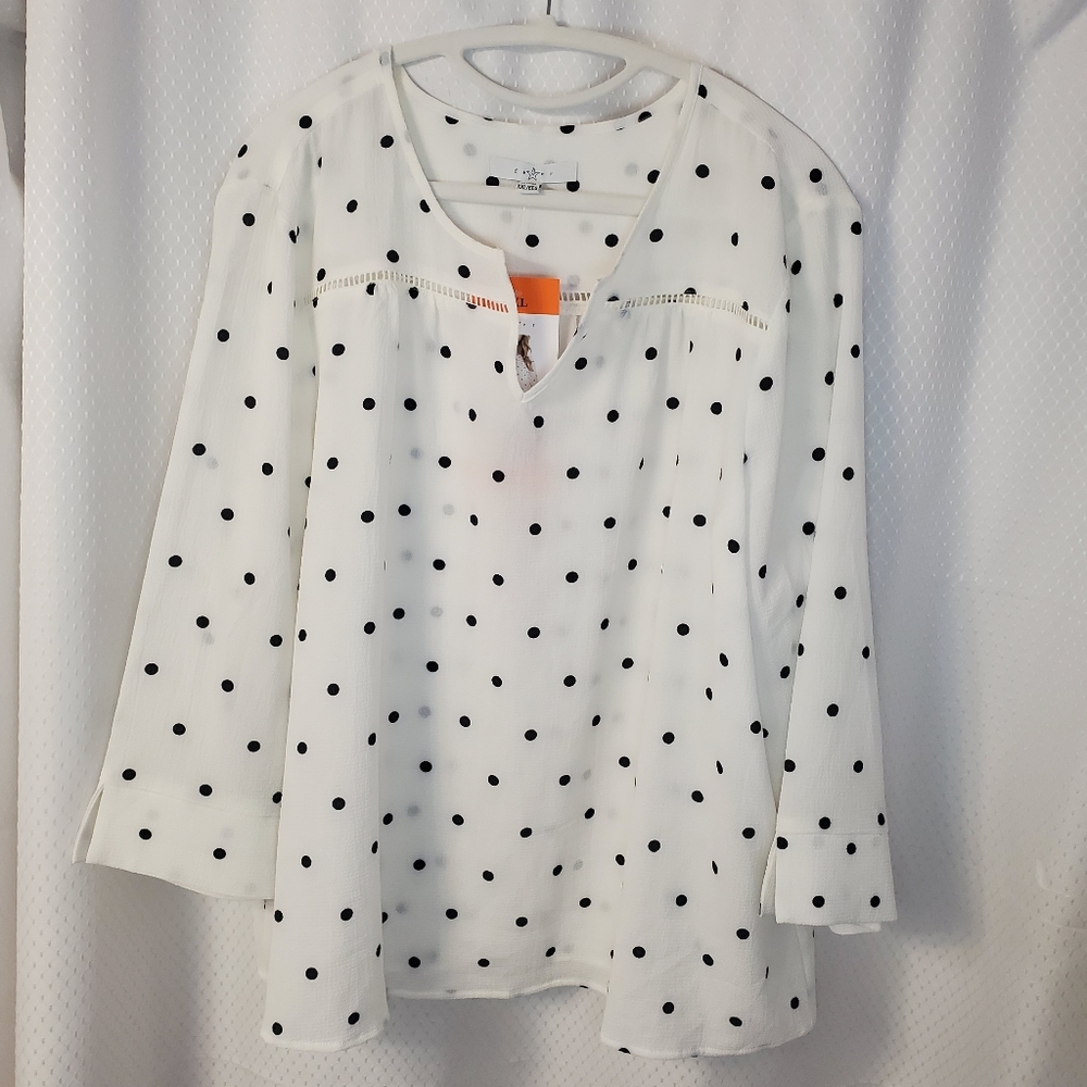 Fever Woman's  White & Black Polkadots Top Long Sleeves XXL  Boho Cottagecore